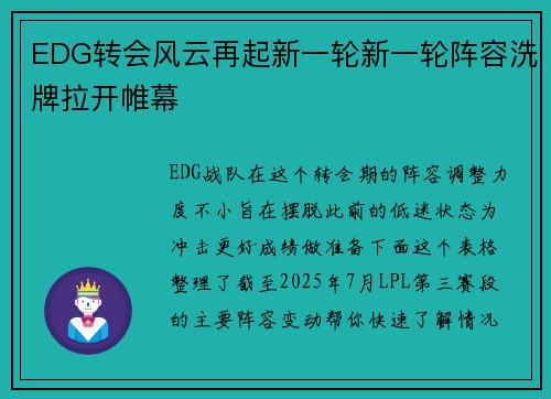 EDG转会风云再起新一轮新一轮阵容洗牌拉开帷幕